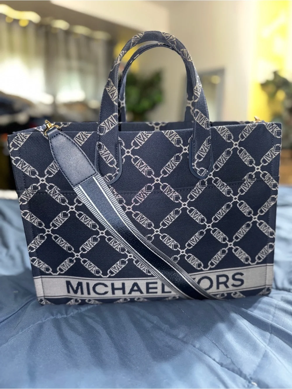 Michael Kors Navy Jacquard Logo Tote with Removable Strap